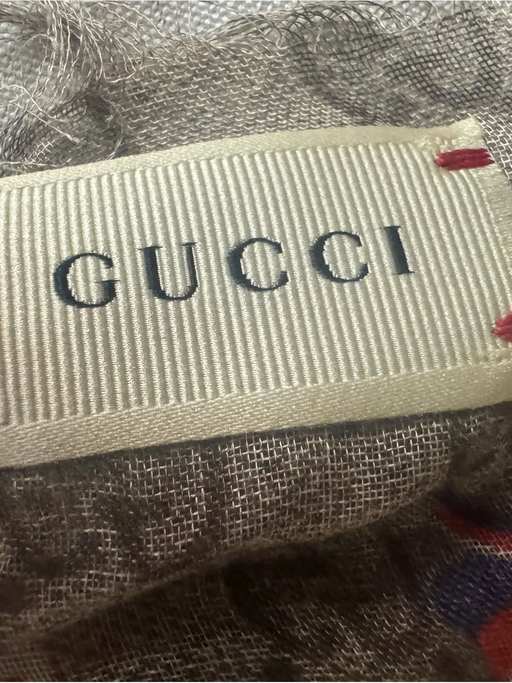 Gucci Beige Brown Monogram Shawl with Red White Blue Bow Accents